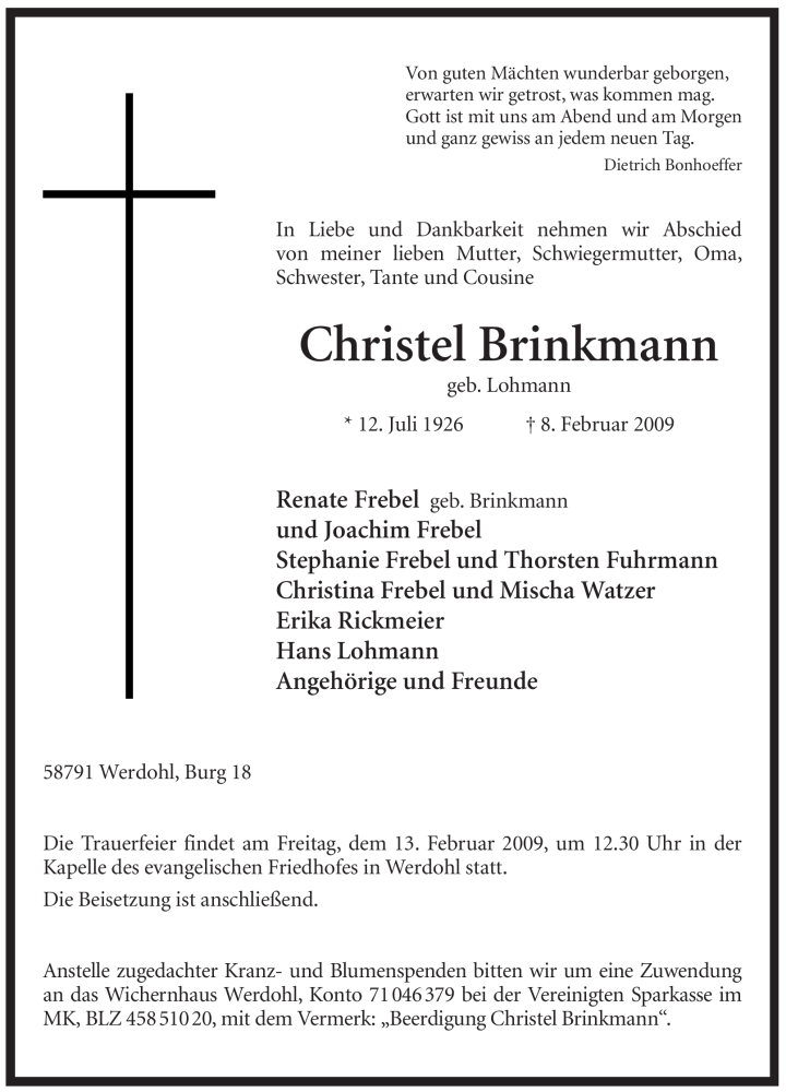  Traueranzeige für Christel Brinkmann vom 11.02.2009 aus WESTFÄLISCHER ANZEIGER