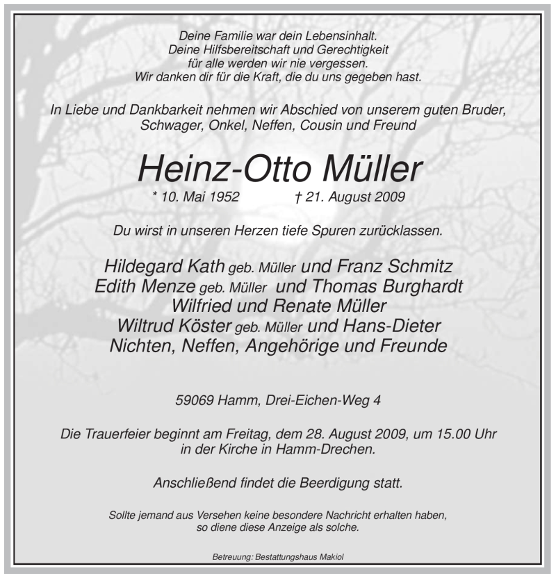  Traueranzeige für Heinz-Otto Müller vom 25.08.2009 aus WESTFÄLISCHER ANZEIGER