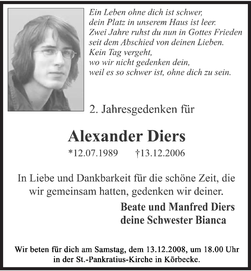  Traueranzeige für Alexander Diers vom 12.12.2008 aus WESTFÄLISCHER ANZEIGER