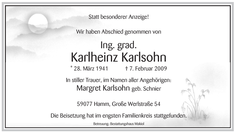  Traueranzeige für Karlheinz Karlsohn vom 14.02.2009 aus WESTFÄLISCHER ANZEIGER