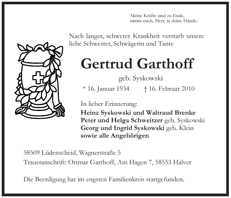  Traueranzeige für Gertrud Garthoff vom 24.02.2010 aus WESTFÄLISCHER ANZEIGER