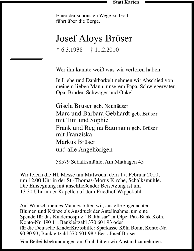  Traueranzeige für Josef Alois Brüser vom 13.02.2010 aus WESTFÄLISCHER ANZEIGER