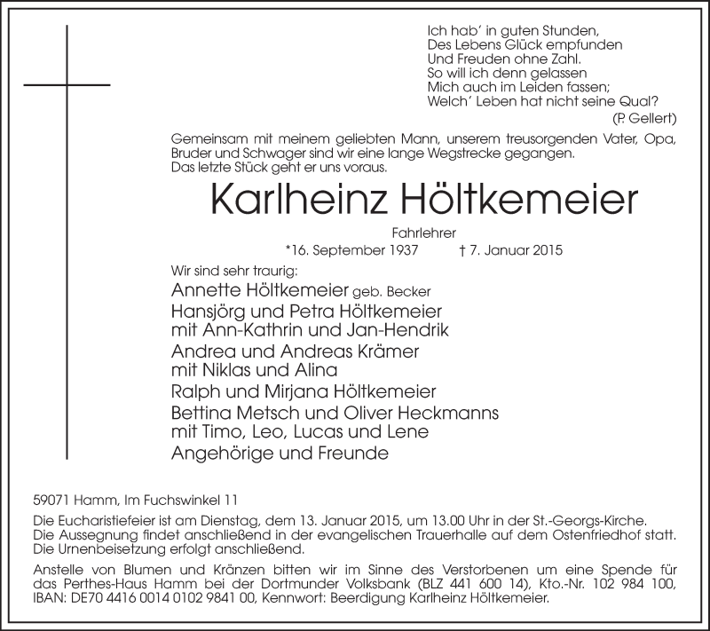  Traueranzeige für Karlheinz Höltkemeier vom 10.01.2015 aus MZV