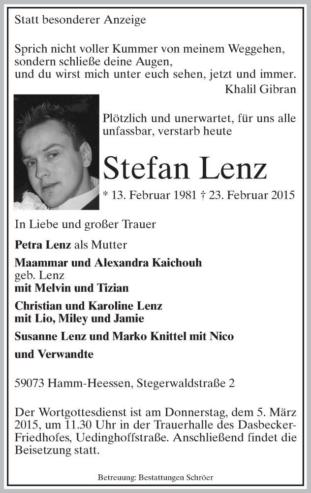  Traueranzeige für Stefan Lenz vom 28.02.2015 aus MZV