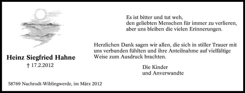  Traueranzeige für Heinz Siegfried Hahne vom 31.03.2012 aus WESTFÄLISCHER ANZEIGER