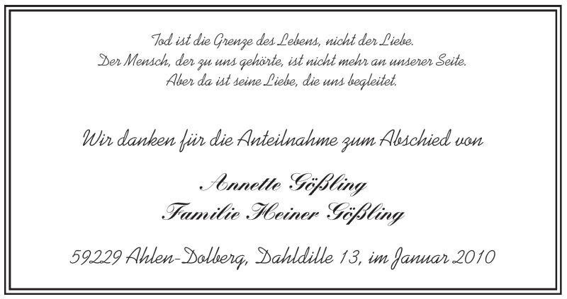  Traueranzeige für Annette Gössling vom 23.01.2010 aus WESTFÄLISCHER ANZEIGER