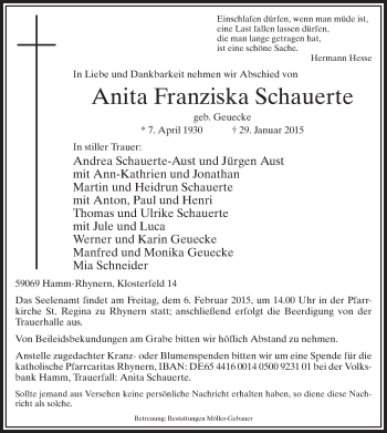 Traueranzeige von Anita Franziska Schauerte von MZV