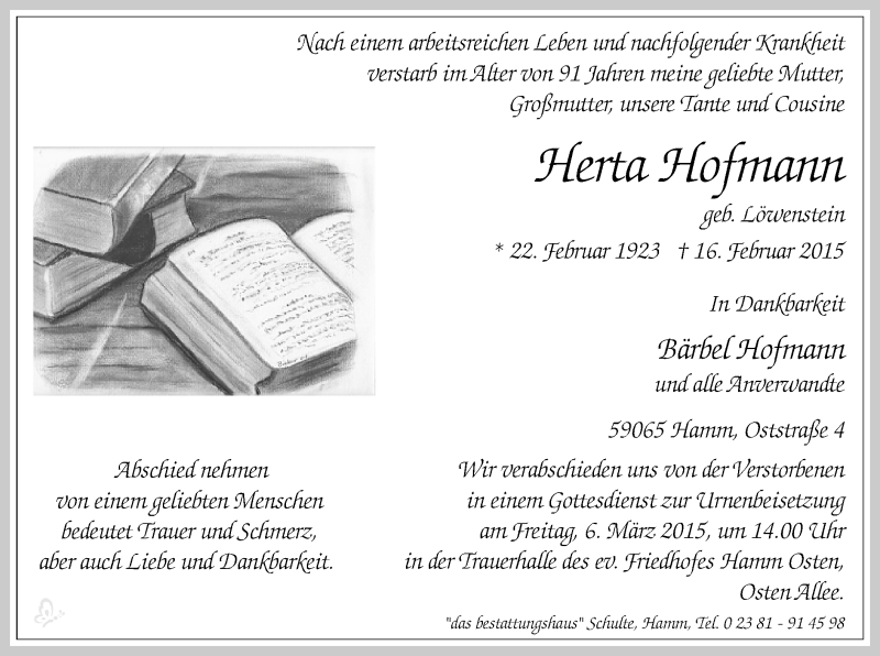  Traueranzeige für Herta Hofmann vom 02.03.2015 aus MZV