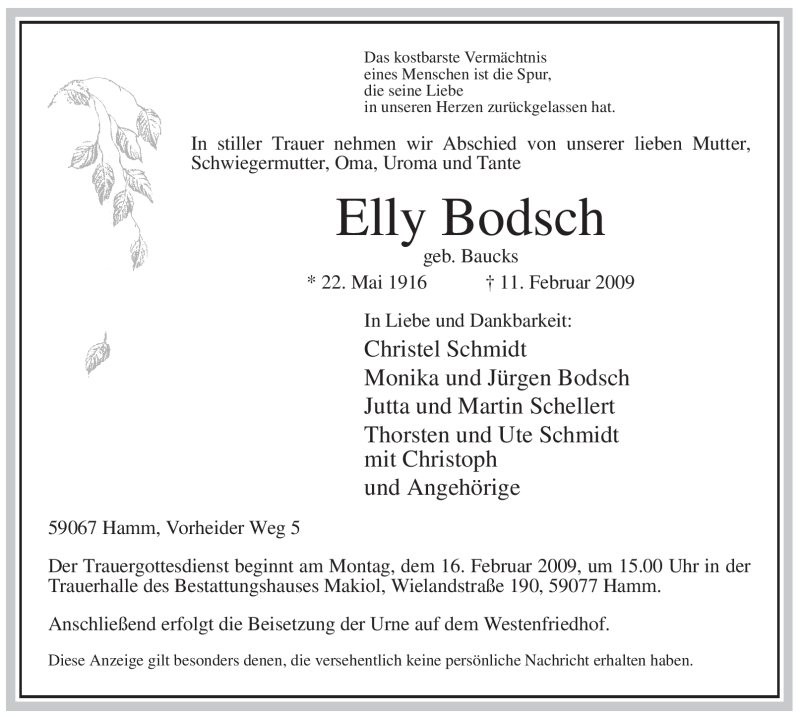  Traueranzeige für Elly Bodsch vom 13.02.2009 aus WESTFÄLISCHER ANZEIGER