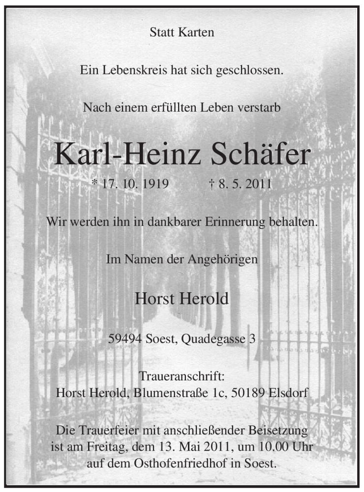  Traueranzeige für Karl-Heinz Schäfer vom 11.05.2011 aus WESTFÄLISCHER ANZEIGER