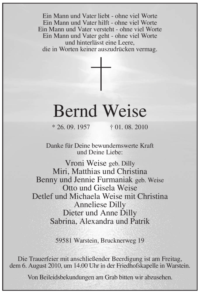  Traueranzeige für Bernd Weise vom 03.08.2010 aus WESTFÄLISCHER ANZEIGER