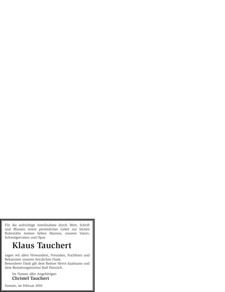  Traueranzeige für Klaus Tauchert vom 24.02.2010 aus WESTFÄLISCHER ANZEIGER