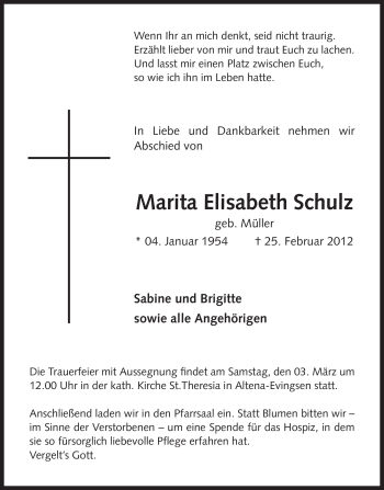 Traueranzeige von Marita Elisabeth Schulz von WESTFÄLISCHER ANZEIGER