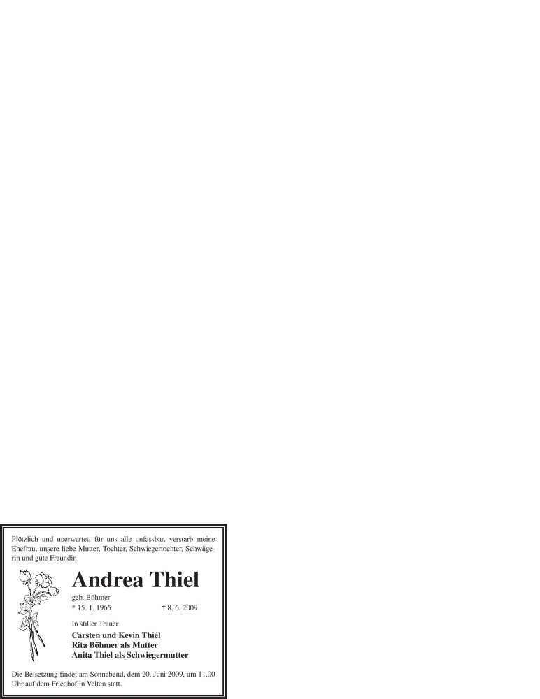  Traueranzeige für Andrea Thiel vom 17.06.2009 aus WESTFÄLISCHER ANZEIGER