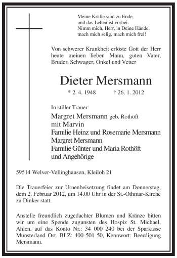 Traueranzeige von Dieter Mersmann von WESTFÄLISCHER ANZEIGER