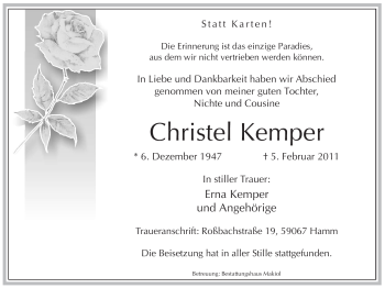 Traueranzeige von Christel Kemper von WESTFÄLISCHER ANZEIGER