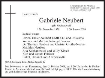 Traueranzeige von Gabriele Neubert von WESTFÄLISCHER ANZEIGER