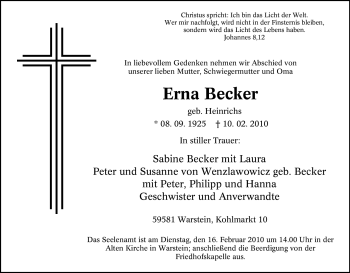 Traueranzeige von Erna Becker von WESTFÄLISCHER ANZEIGER