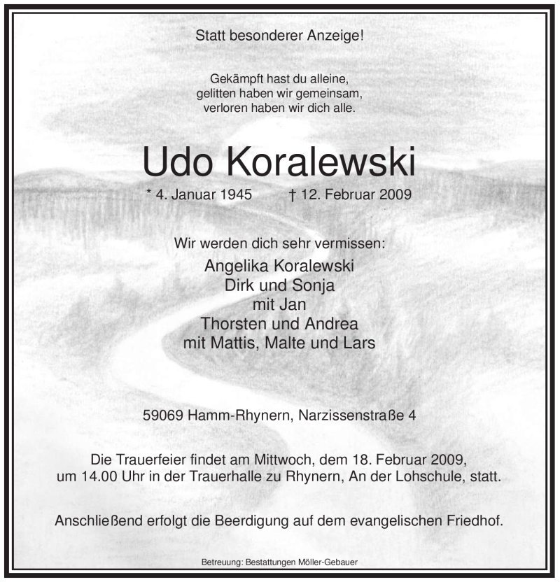  Traueranzeige für Udo Koralewski vom 14.02.2009 aus WESTFÄLISCHER ANZEIGER