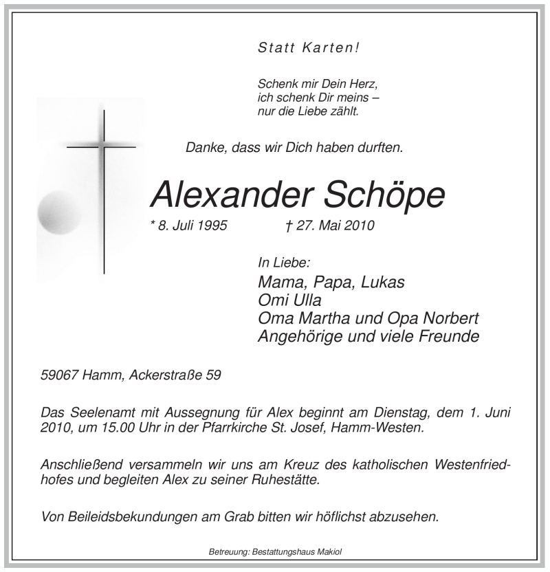  Traueranzeige für Alexander Schöpe vom 29.05.2010 aus WESTFÄLISCHER ANZEIGER