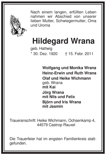 Traueranzeige von Hildegard Wrana von WESTFÄLISCHER ANZEIGER