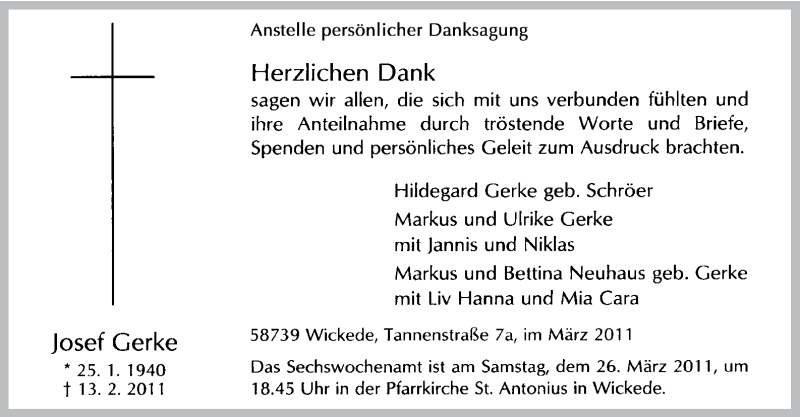  Traueranzeige für Josef Gerke vom 21.03.2011 aus WESTFÄLISCHER ANZEIGER