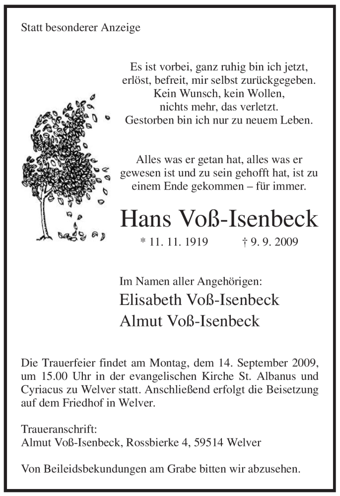  Traueranzeige für Hans Voß-Isenbeck vom 12.09.2009 aus WESTFÄLISCHER ANZEIGER
