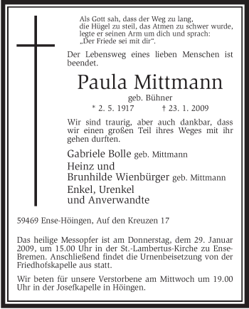 Traueranzeige von Paula Mittmann von WESTFÄLISCHER ANZEIGER