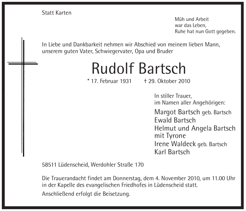  Traueranzeige für Rudolf Bartsch vom 03.11.2010 aus WESTFÄLISCHER ANZEIGER