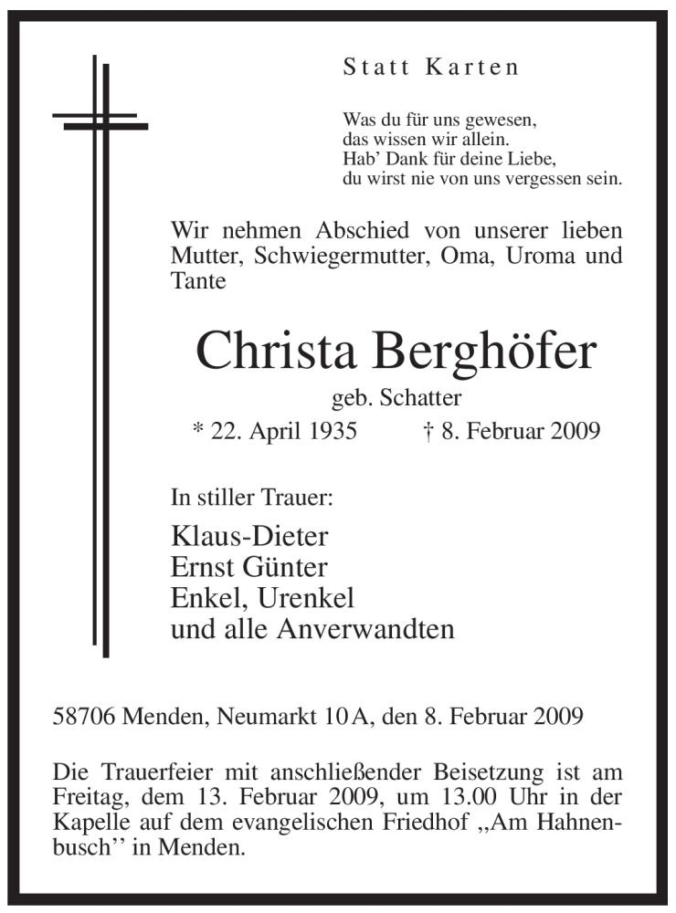  Traueranzeige für Christa Berghöfer vom 12.02.2009 aus WESTFÄLISCHER ANZEIGER