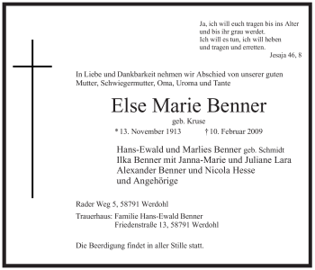 Traueranzeige von Else Marie Benner von WESTFÄLISCHER ANZEIGER