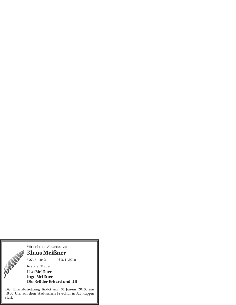  Traueranzeige für Klaus Meißner vom 19.01.2010 aus WESTFÄLISCHER ANZEIGER