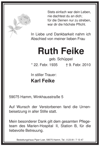 Traueranzeige von Ruth Feike von WESTFÄLISCHER ANZEIGER