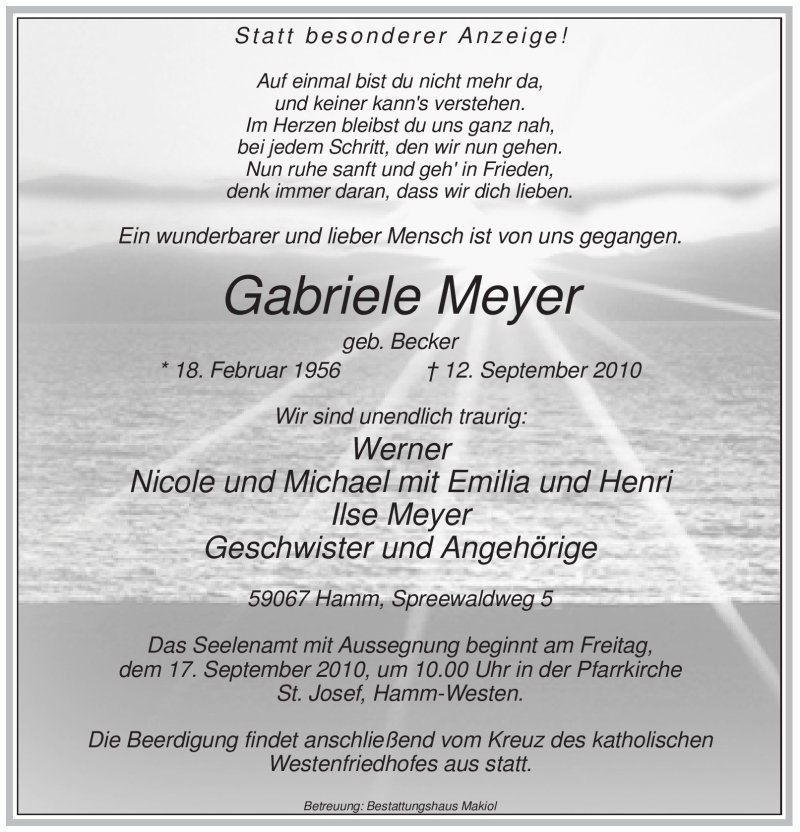  Traueranzeige für Gabriele Meyer vom 14.09.2010 aus WESTFÄLISCHER ANZEIGER
