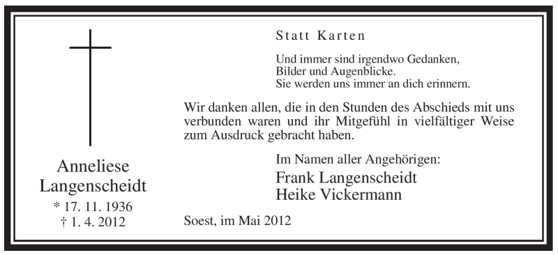  Traueranzeige für Anneliese Langenscheidt vom 08.05.2012 aus WESTFÄLISCHER ANZEIGER
