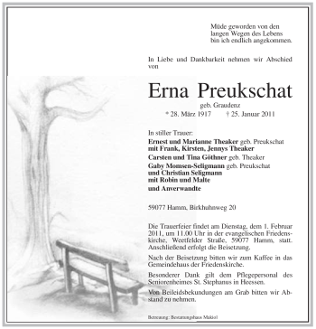 Traueranzeige von Erna Preukschat von WESTFÄLISCHER ANZEIGER