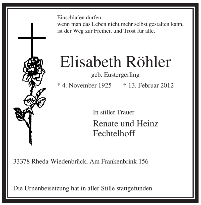  Traueranzeige für Elisabeth Röhler vom 17.02.2012 aus WESTFÄLISCHER ANZEIGER