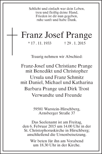 Traueranzeige von Franz Josef Prange von MZV