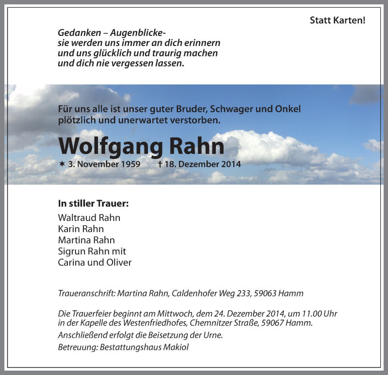 Traueranzeige für Wolfgang Rahn vom 22.12.2014 aus MZV