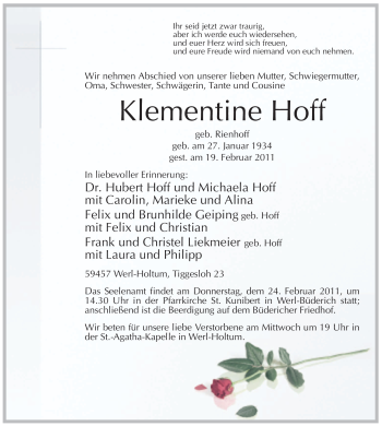 Traueranzeige von Klementine Hoff von WESTFÄLISCHER ANZEIGER