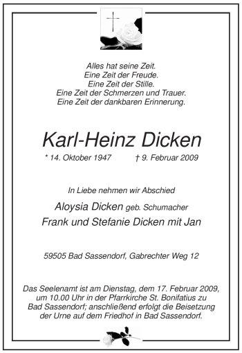 Traueranzeige von Karl-Heinz Dicken von WESTFÄLISCHER ANZEIGER