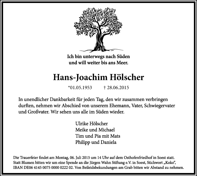  Traueranzeige für Hans-Joachim Hölscher vom 01.07.2015 aus MZV