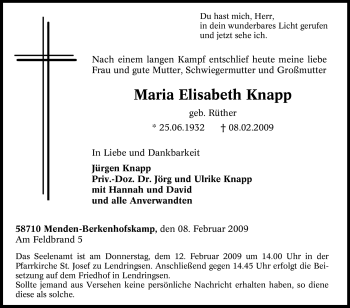 Traueranzeige von Maria Elisabeth Knapp von WESTFÄLISCHER ANZEIGER