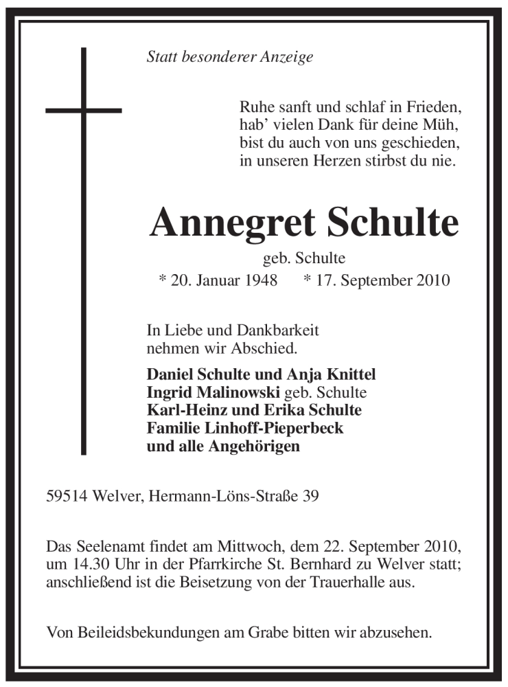  Traueranzeige für Annegret Schulte vom 20.09.2010 aus WESTFÄLISCHER ANZEIGER