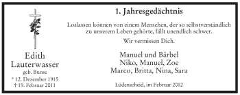 Traueranzeige von Edith Lauterwasser von WESTFÄLISCHER ANZEIGER