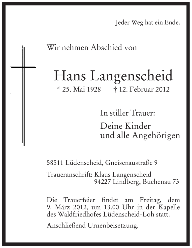  Traueranzeige für Hans Langenscheid vom 05.03.2012 aus WESTFÄLISCHER ANZEIGER