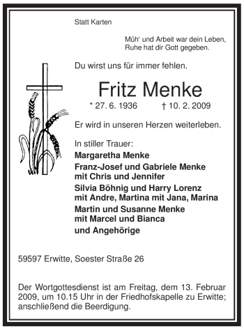 Traueranzeige von Fritz Menke von WESTFÄLISCHER ANZEIGER