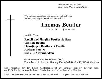 Traueranzeige von Thomas Beutler von WESTFÄLISCHER ANZEIGER
