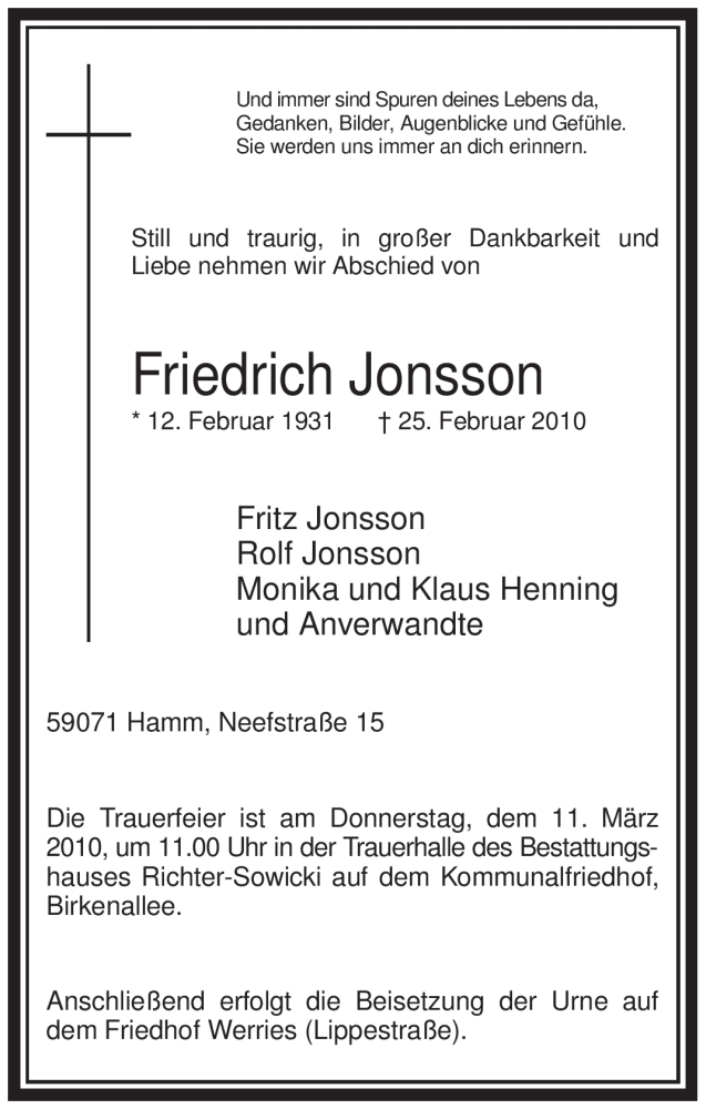  Traueranzeige für Friedrich Jonsson vom 06.03.2010 aus WESTFÄLISCHER ANZEIGER