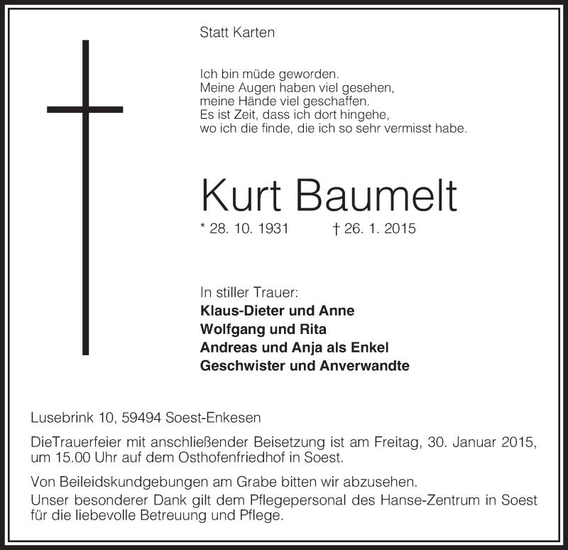  Traueranzeige für Kurt Baumelt vom 29.01.2015 aus MZV
